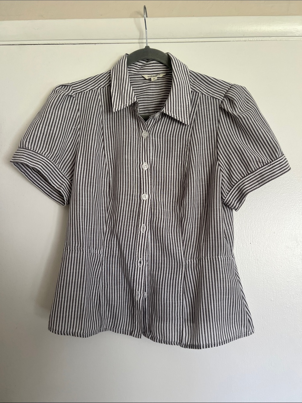 Max Studio Black and White Striped Short-Sleeve Button-Down Shirt
